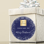 Christmas blue silver glitter business logo classic round sticker<br><div class="desc">A classic navy blue background,  decorated with faux silver glitter,  sparkles. Personalize and add your business,  company logo and a text.  Text: Merry Christmas written with a modern hand letteres style script.</div>