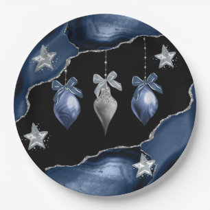 Christmas Blue/Silver Ornaments on Agate Art Paper Plates