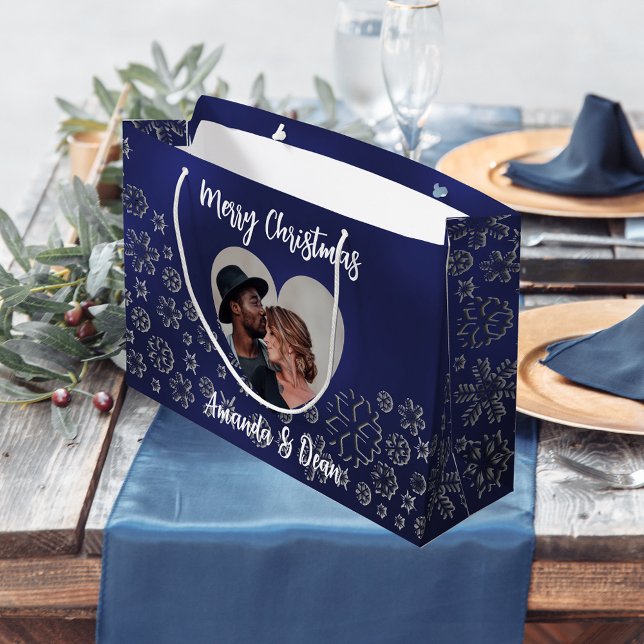 Christmas blue silver snow photo heart large gift bag (Creator Uploaded)