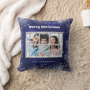 Christmas blue silver snow photo winter window  throw pillow