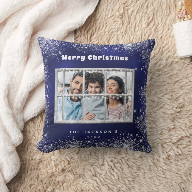 Christmas blue silver snow photo winter window  throw pillow (Blanket)