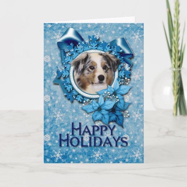 Christmas - Blue Snowflake - Australian Shepherd Holiday Card (Front)