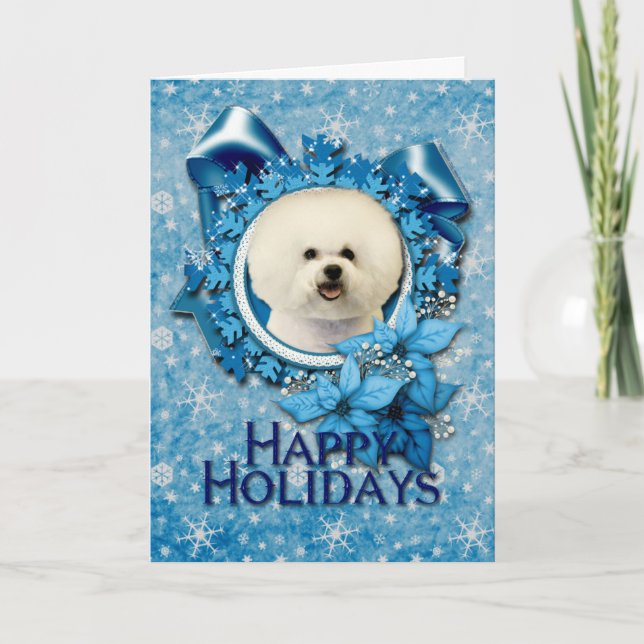 Christmas - Blue Snowflake - Bichon Frise Holiday Card (Front)