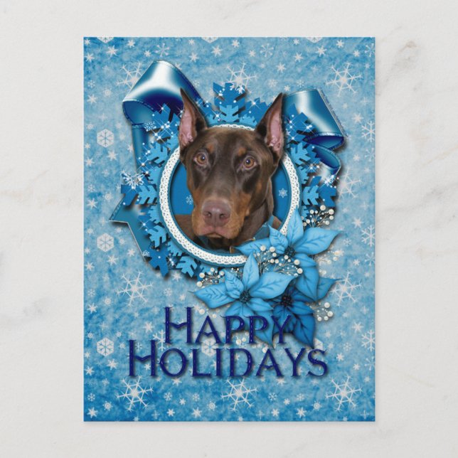 Christmas - Blue Snowflake - Doberman - Rocky Holiday Postcard (Front)