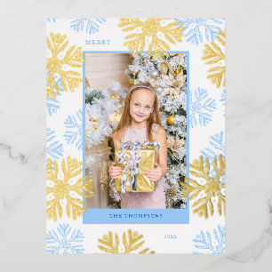 Christmas Blue Snowflake frame design Light Foil Holiday Postcard
