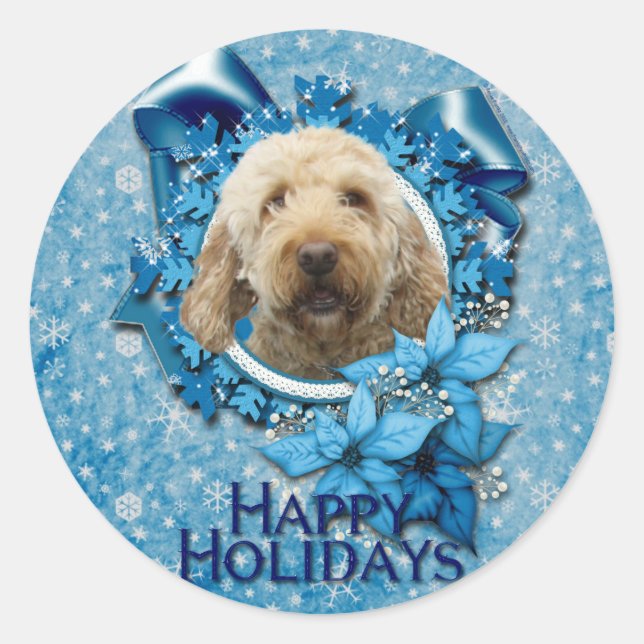 Christmas - Blue Snowflake - Goldendoodle Classic Round Sticker (Front)