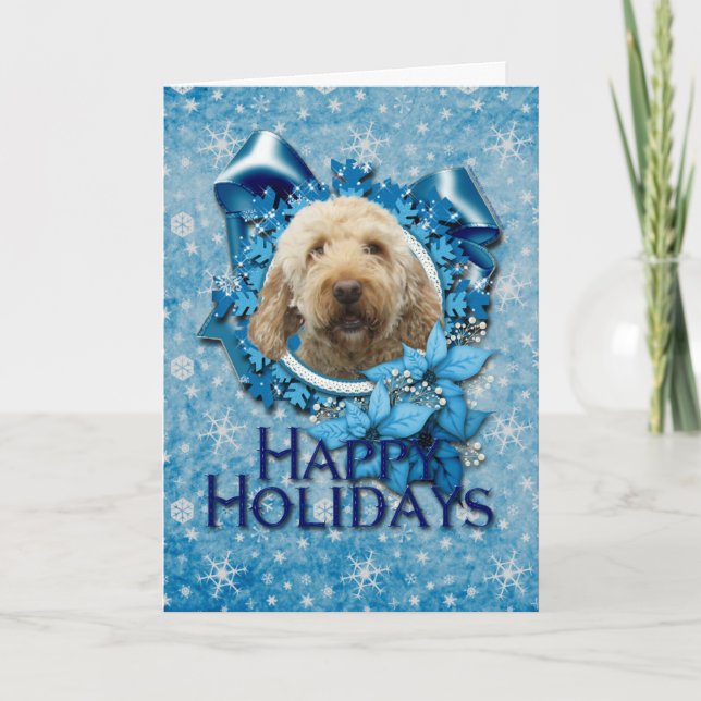 Christmas - Blue Snowflake - Goldendoodle Holiday Card (Front)