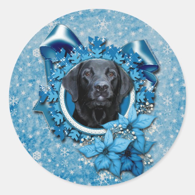 Christmas - Blue Snowflake - Labrador - Black Gage Classic Round Sticker (Front)