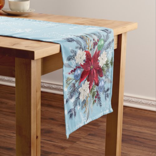 Christmas Blue Snowflake Watercolor Poinsettia Short Table Runner