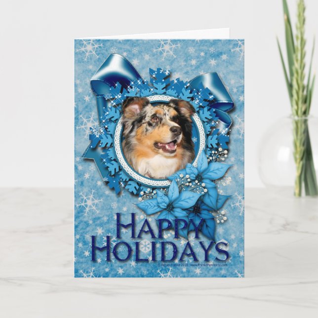 Christmas - Blue Snowflakes - Australian Shepherd Holiday Card (Front)