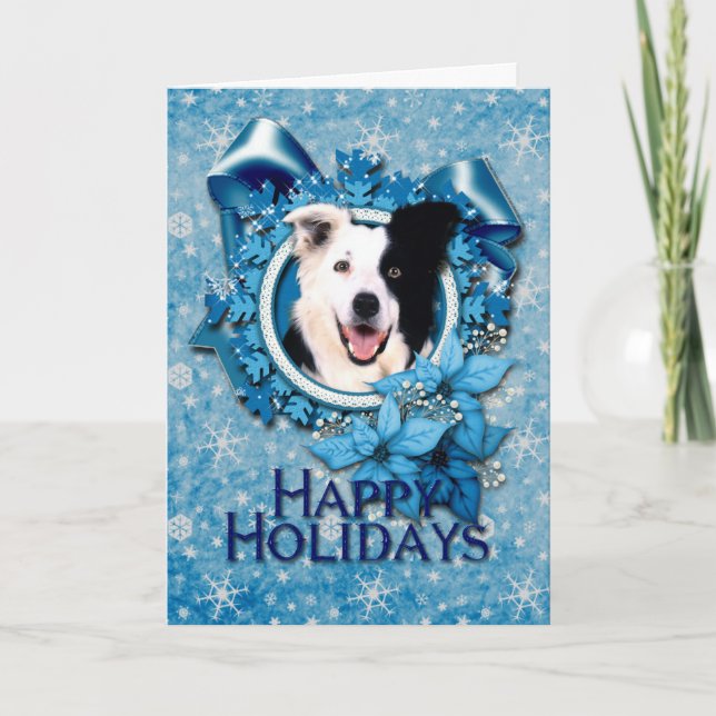 Christmas - Blue Snowflakes - Border Collie Holiday Card (Front)