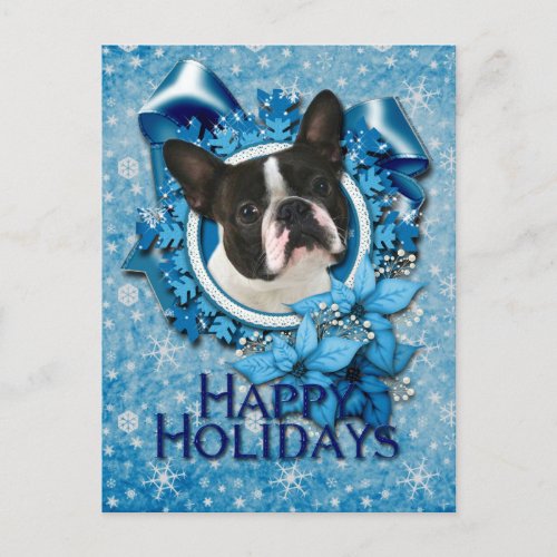Christmas _ Blue Snowflakes _ Boston Terrier Holiday Postcard