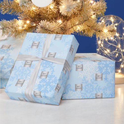 Christmas blue snowflakes business logo wrapping paper