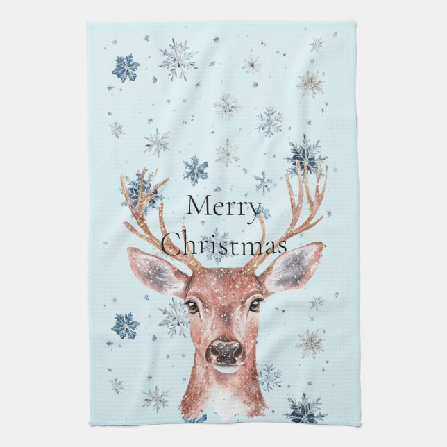 Christmas Blue Snowflakes Deer  Kitchen Towel (Vertical)