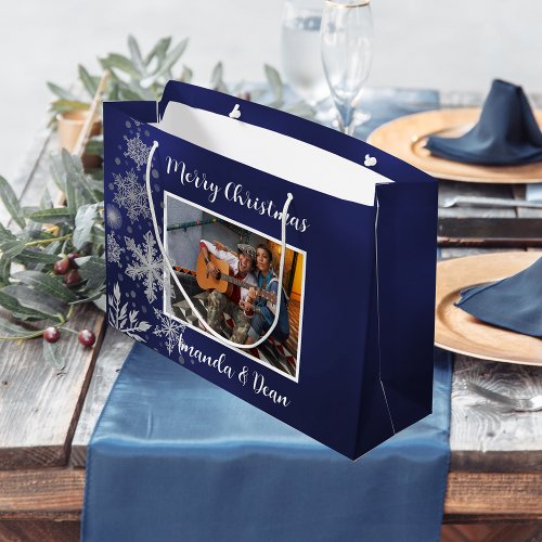 Christmas blue snowflakes photo large gift bag