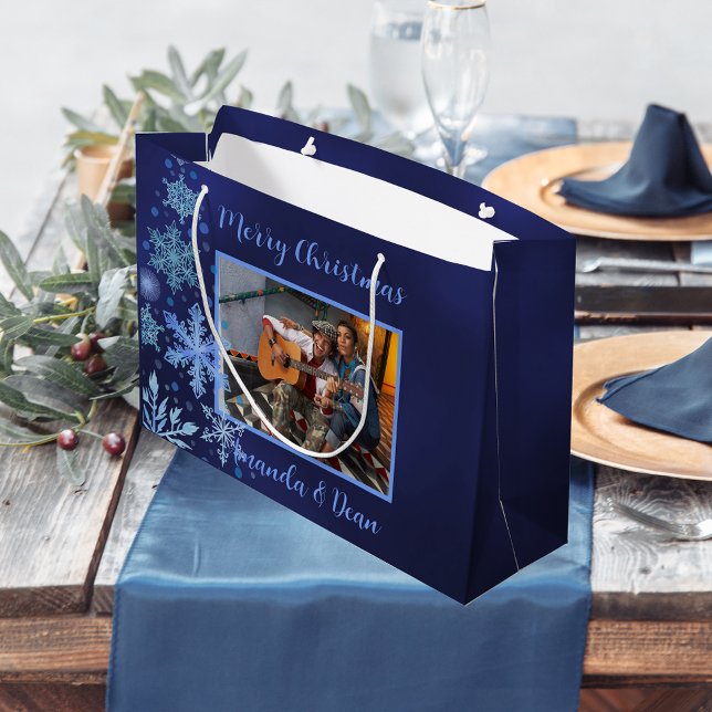 Christmas blue snowflakes photo large gift bag (Creator Uploaded)
