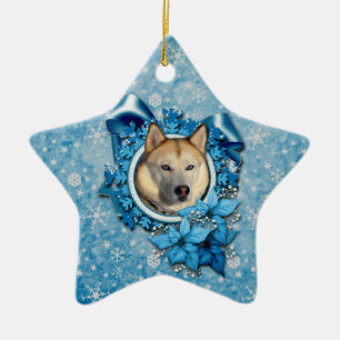 Christmas - Blue Snowflakes - Siberian Husky Ceramic Ornament