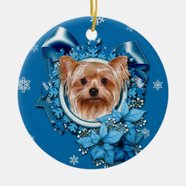 Christmas - Blue Snowflakes - Yorkshire Terrier Ceramic Ornament (Front)
