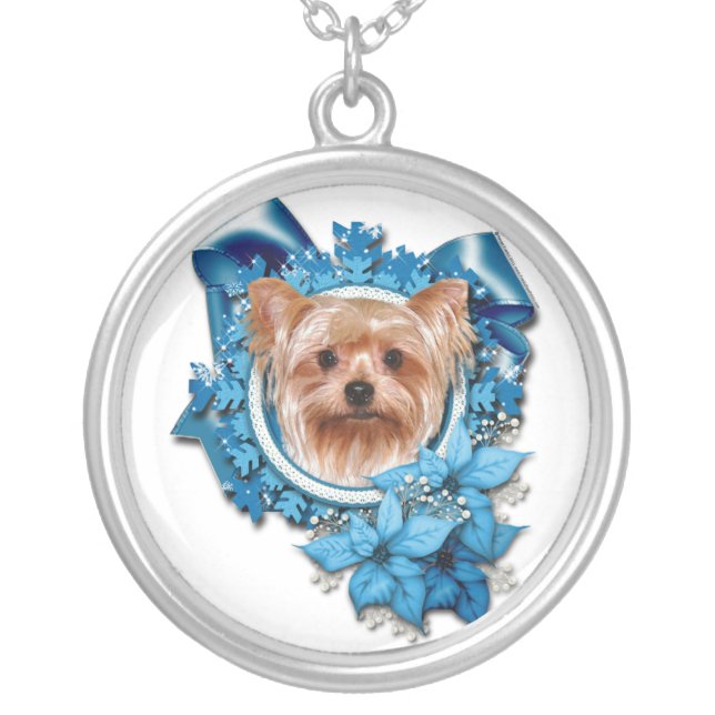 Christmas - Blue Snowflakes - Yorkshire Terrier Silver Plated Necklace (Front)