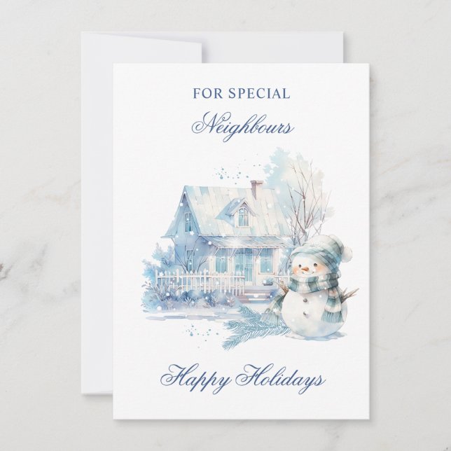 Christmas Blue Snowman House Neighbours  Holiday Card (Front)