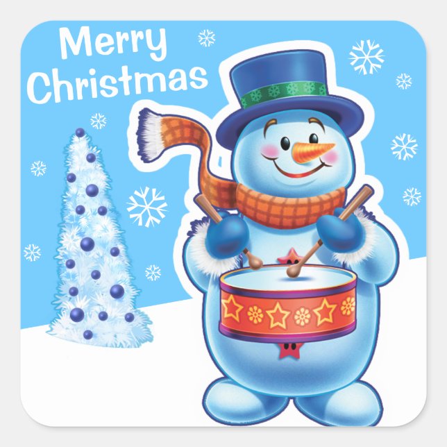 Christmas blue square sticker Snowman drummer. (Front)