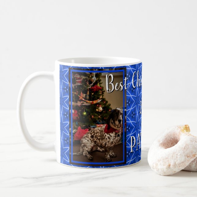 Christmas Blue Star Pattern Personalized Pet Photo Coffee Mug (With Donut)