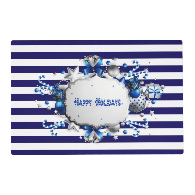 Christmas Blue Striped Laminated Placemat (Front)