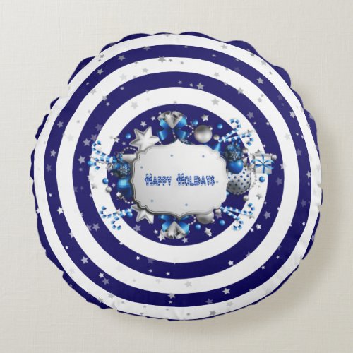 Christmas Blue Striped Round Pillow