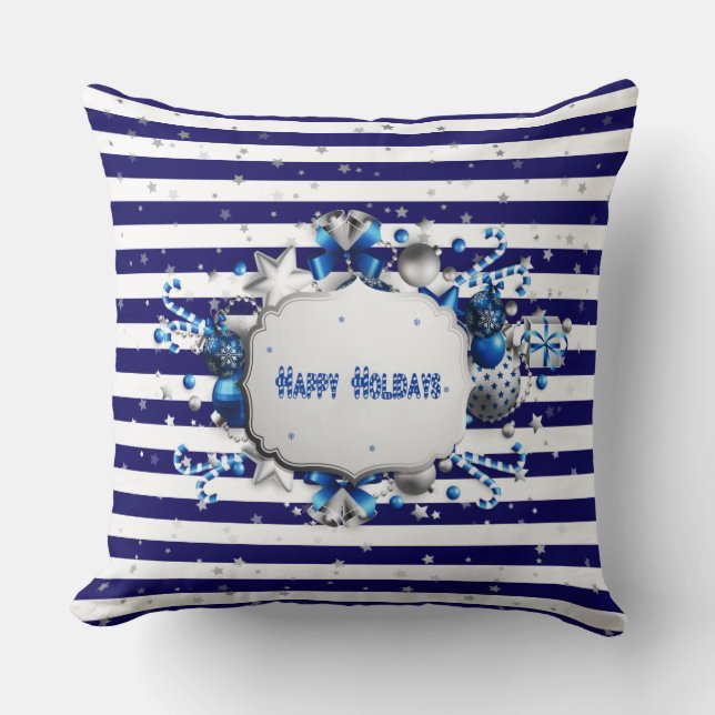 Christmas Blue Striped Throw Pillow (Front)