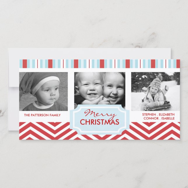 Christmas Blue Stripes Red Chevron Holiday Photo Card (Front)