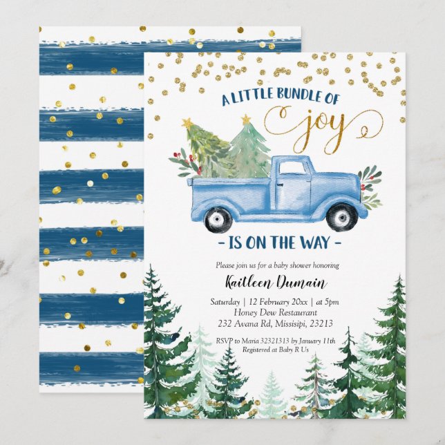 Christmas Blue Truck Baby Bundle of Joy Invitation (Front/Back)