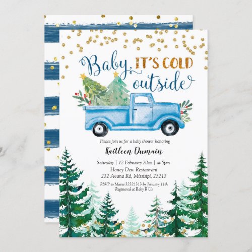 Christmas Blue Truck Baby Its Cold Outside Invitation