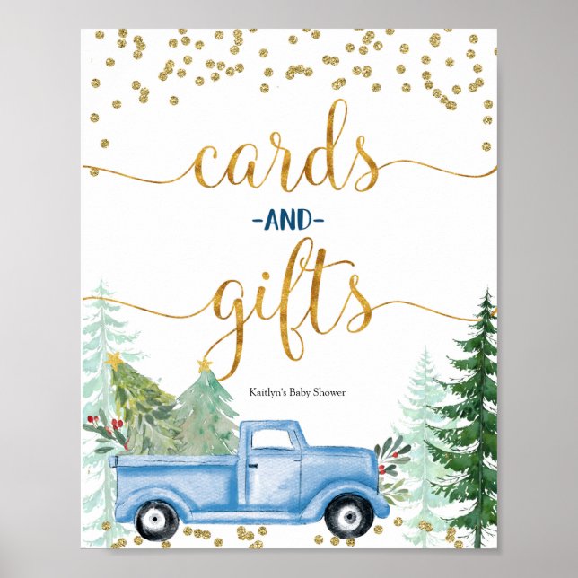Christmas Blue Truck Baby Shower Cards and Gifts Poster (Front)