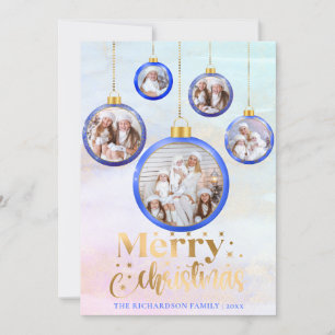 Christmas Blue Watercolor 5 Photo Ornament Holiday Card