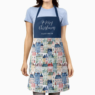 Christmas Blue Watercolor Colorful Houses Holiday Apron