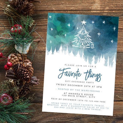 Christmas Blue Watercolor Favorite Things Party Invitation
