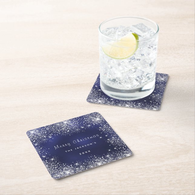 Christmas blue white glitter dust silver square paper coaster (Insitu)