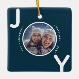 Christmas blue white joy photo modern ceramic ornament