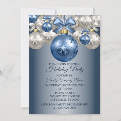 Christmas Blue White Ornaments Holidays Party Invitation