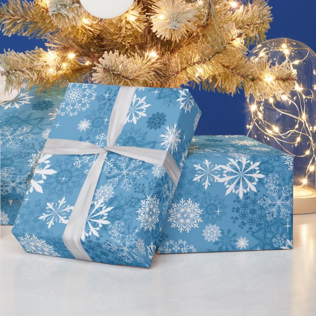 Christmas blue white snowflake pattern wrap wrapping paper (Holidays)