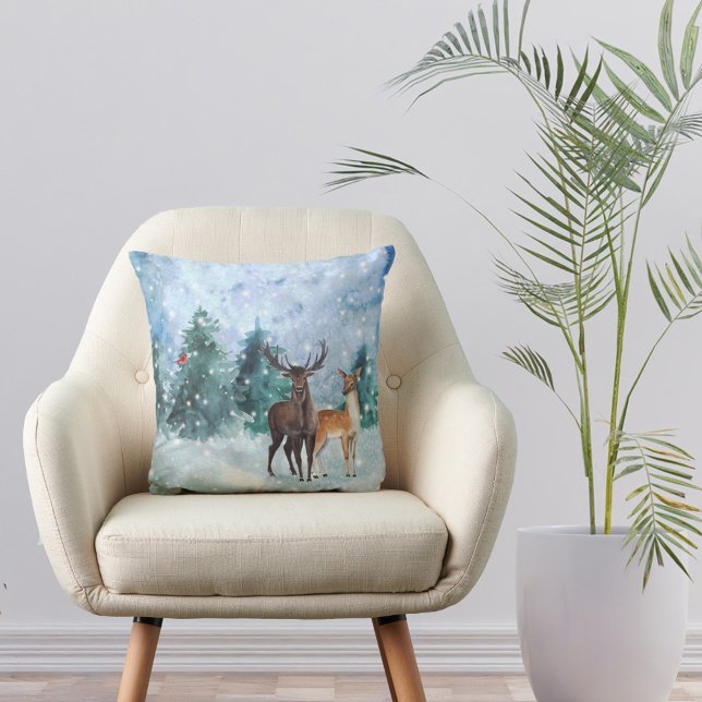 Christmas Blue Wildlife Watercolor Throw Pillow (Creator Uploaded)