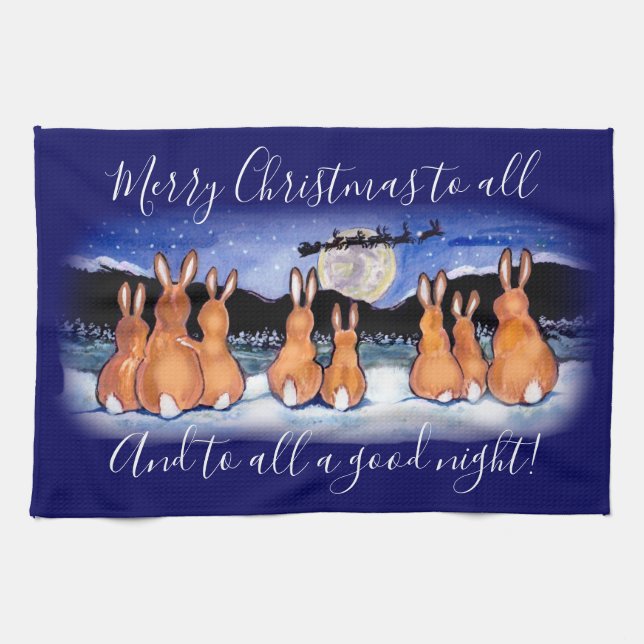 Christmas Blue Winter Bunny Rabbit Scene Cute! Kitchen Towel (Horizontal)