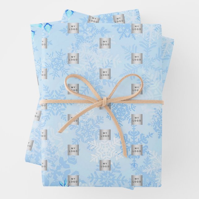 Christmas blue winter snowflakes business logo wrapping paper sheets (In situ)