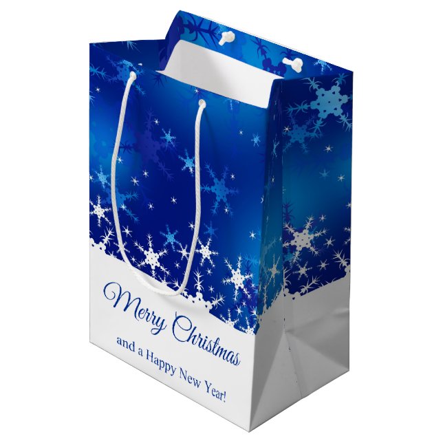 Christmas Blue Winter Snowflakes Medium Gift Bag (Front Angled)
