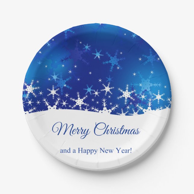 Christmas Blue Winter Snowflakes Paper Plates (Front)