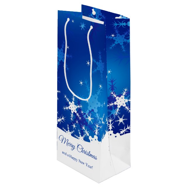 Christmas Blue Winter Snowflakes Wine Gift Bag (Front Angled)