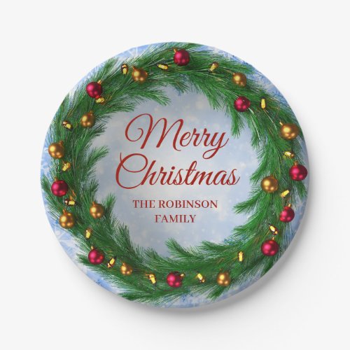 Christmas Blue Winter Sparkle Festive Wreath Paper Plates