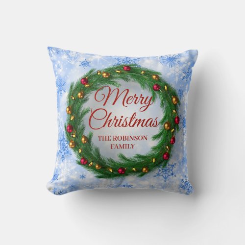 Christmas Blue Winter Sparkle Festive Wreath Throw Pillow