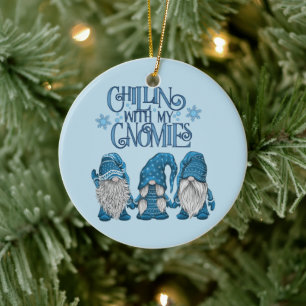 Christmas Blue Winter Trio Chillin With My Gnomies Ceramic Ornament