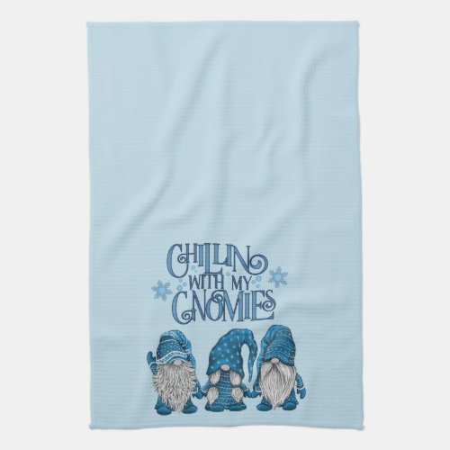 Christmas Blue Winter Trio Chillin With My Gnomies Kitchen Towel